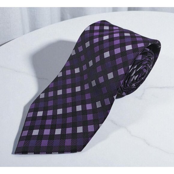 Sean John Men's Neck Tie Extra Long/Tall 100% Silk Black Purple Squares 63" EUC - Picture 1 of 4